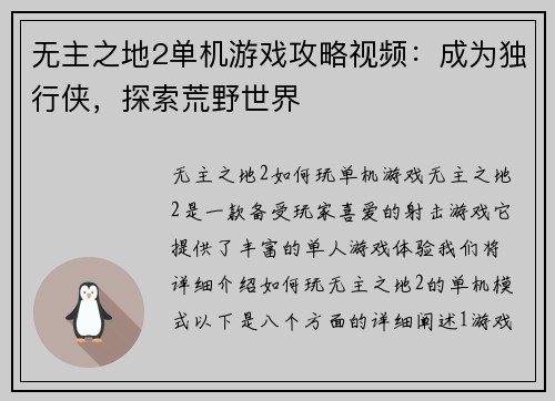 无主之地2单机游戏攻略视频：成为独行侠，探索荒野世界