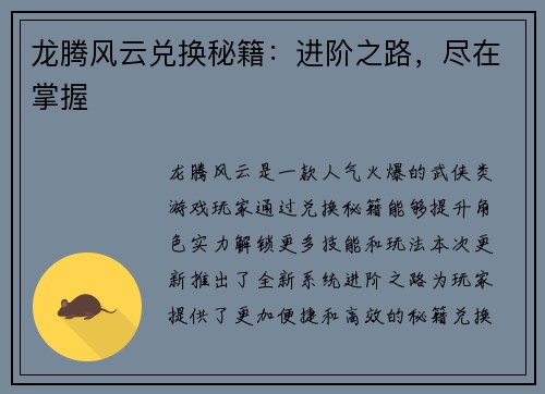 龙腾风云兑换秘籍：进阶之路，尽在掌握